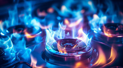 Closeup shot of blue fire from domestic kitchen stove top. Gas cooker with burning flames of propane gas. Industrial resources and economy concept. - obrazy, fototapety, plakaty