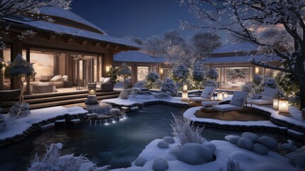  a winter scene of a house with a hot tub in the middle of the yard and snow on the ground.