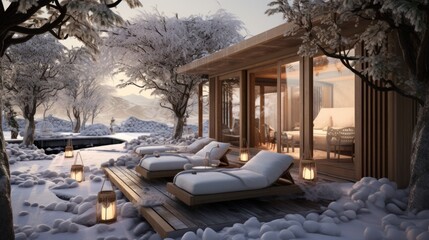  a wooden deck with chaise lounges covered in snow next to a swimming pool and a covered in snow covered forest.