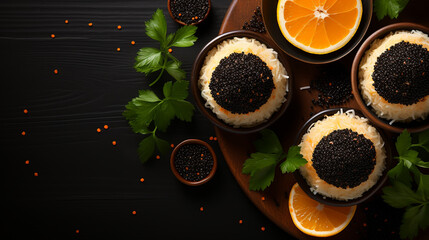 Fototapeta na wymiar crackers with cream cheese red and black caviar, horizontal