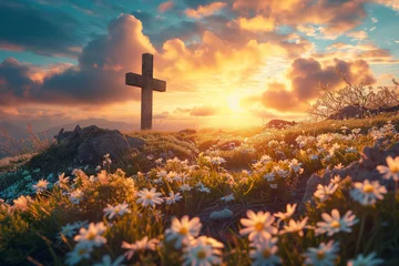 Fotobehang Religious background for Easter and holy mess. cross standing in mountains, surrounded by flowers and bright sunlight © Zenturio Designs