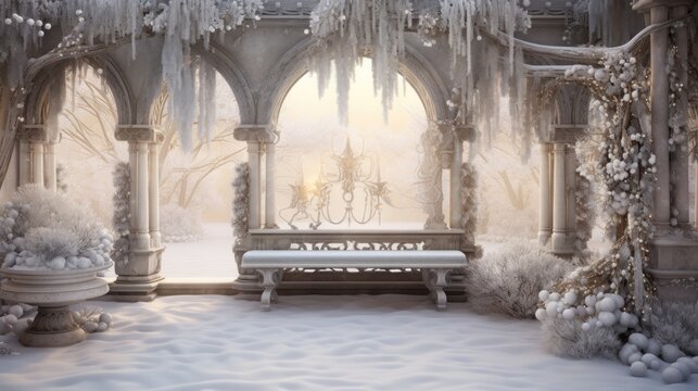  a painting of a winter scene with a bench in the middle of the room and a chandelier hanging from the ceiling.