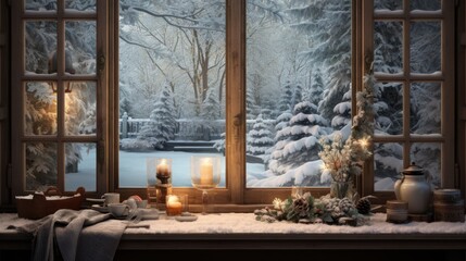  a window with a view of a snowy forest and a bench in front of it with lit candles on the window sill.