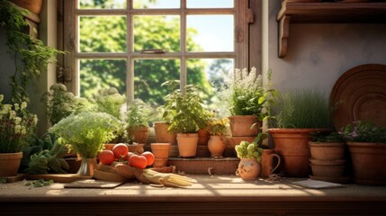 Fototapeta na wymiar a window sill filled with potted plants next to a window sill with a potted plant on top of it.