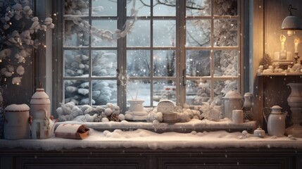  a kitchen counter covered in snow next to a window with a view of a snowy forest outside of the window.