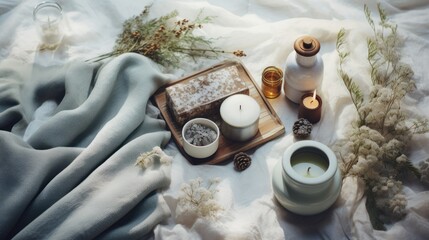  a wooden tray topped with candles next to a bottle of oil and a bottle of lotion on top of a blanket.