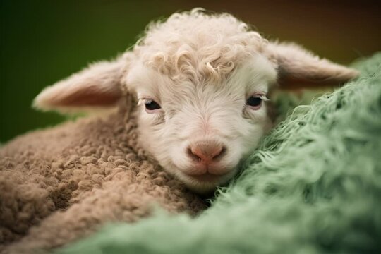 A close-up of a newborn lamb with curly wool, peering out with soft eyes, nestled in greenery.