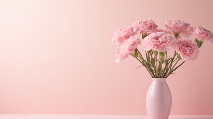 Mother's Day holiday greeting with a carnation bouquet on a pastel pink table background, a composition in a minimalist modern style, creating an aesthetically pleasing image.