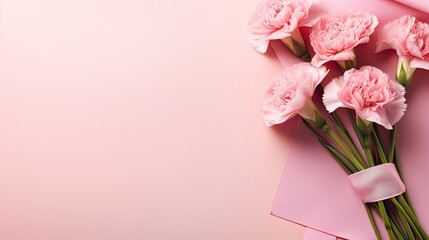 Mother's Day holiday greeting with a carnation bouquet on a pastel pink table background, a composition in a minimalist modern style, creating an aesthetically pleasing image. - obrazy, fototapety, plakaty