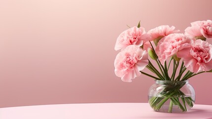 Mother's Day holiday greeting with a carnation bouquet on a pastel pink table background, a composition in a minimalist modern style, creating an aesthetically pleasing image.