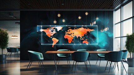 an abstract graphic world map hologram on a modern furnished office interior background, a composition in a minimalist modern style, emphasizing the connection and communication concept.