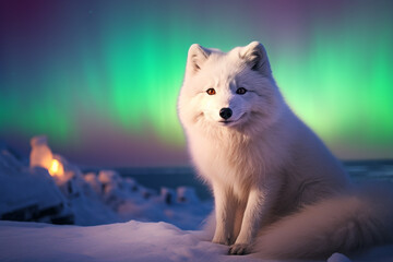 Close-Up of Arctic fox with aurora light