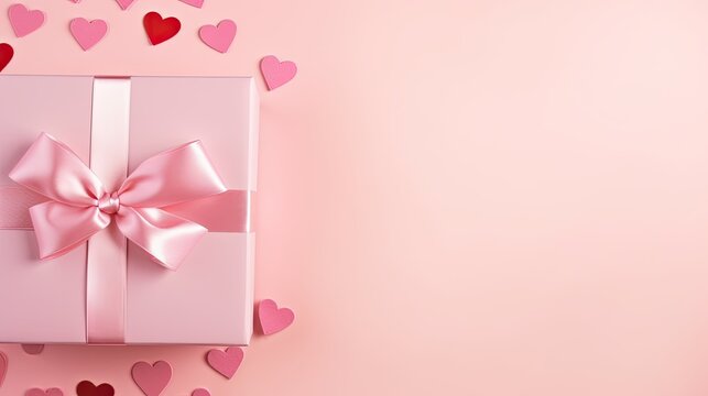 Valentine's Day decorations with a white gift box adorned with a pink silk ribbon bow and small hearts on an isolated pastel pink background, creating a visually pleasing image with copyspace.