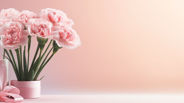 Mother's Day holiday greeting with a carnation bouquet on a pastel pink table background, a composition in a minimalist modern style, creating an aesthetically pleasing image.