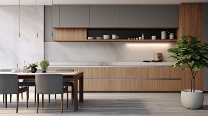 an elegant interior, featuring gray drawers under a kitchen cabinet, an empty wooden table, and a marble countertop in a room, emphasizing the sleek design and clean lines.