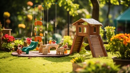  a child's play area with a slide, swing set, and flower potted garden in the background.