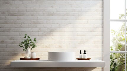 a bathroom table set against a white brick wall, a composition or scene in a minimalist modern style, emphasizing the clean lines and contemporary aesthetics of the bathroom space.