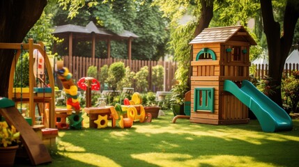  a child's play area in a backyard with a slide and a play set in the grass and a wooden fence in the background. - obrazy, fototapety, plakaty