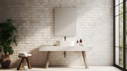 a bathroom table set against a white brick wall, a composition or scene in a minimalist modern style, emphasizing the clean lines and contemporary aesthetics of the bathroom space.