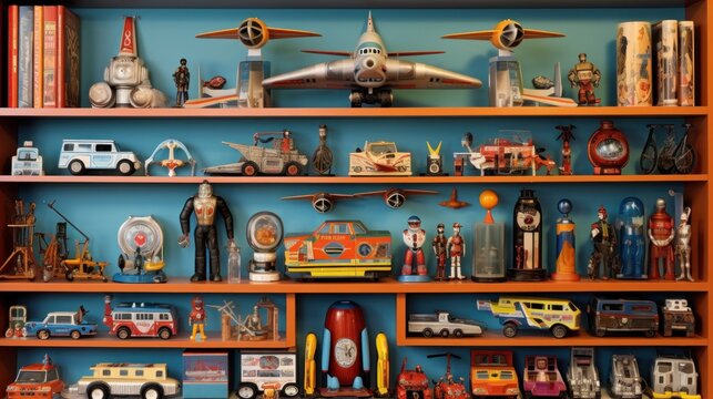  a collection of toy cars, trucks, and planes are on a shelf in front of a blue painted wall.