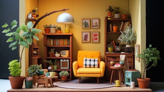  a miniature living room with a yellow chair, potted plants, and a bookshelf in the corner.
