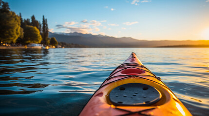 Front of an bright yellow kayak in clear water lake, beautiful nature infront - obrazy, fototapety, plakaty