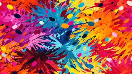  a colorful background with lots of paint splatkles and dots on a yellow, pink, blue, red, orange, and black background.