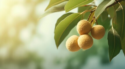  a close up of a tree with fruit hanging from it's branches with sunlight shining through the leaves and a blurry background. - obrazy, fototapety, plakaty