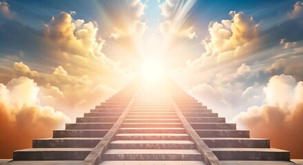 Majestic stone stairs ascending to a radiant sky, with sun rays piercing through clouds, symbolizing hope and ascent.