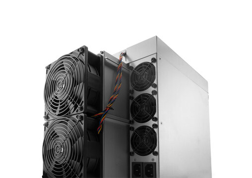 Cryptocurrency mining farm for bitcoin and altcoins isolated on white background. Cryptocurrency miner isolated