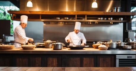 Empty Wooden table on blur chefs cooking in the kitchen background in Restaurant.