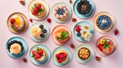  a table topped with plates filled with different types of cakes and desserts on top of blue plates next to strawberries, strawberries, raspberries, and blueberries.