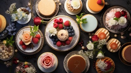  a table topped with cakes and cupcakes covered in frosting and fresh fruit on top of each other.