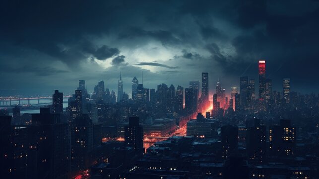  A View Of A City At Night From The Top Of A Tall Building With A Red Light In The Middle Of The City.