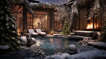  a hot tub surrounded by snow covered trees in a room with a fire place in the middle of the room.