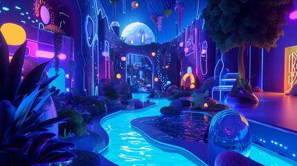 The multiverse, gaming, VR, and AR to create a visually dynamic composition, Neon scene