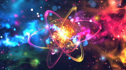 An atom with orbiting electrons shown in bright colors, with electric and magnetic field lines surrounding it, generated AI - obrazy, fototapety, plakaty