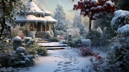  a painting of a snow covered garden with steps leading up to a gazebo and steps leading up to a gazebo.