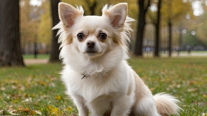 Cream long coat chihuahua dog in the park