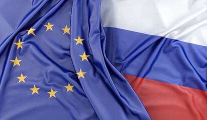 Ruffled Flags of European Union and Russia. 3D Rendering