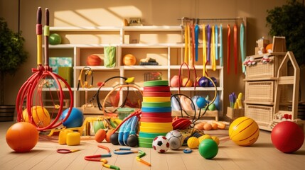  a room filled with lots of toys on top of a hard wood floor in front of a shelf filled with toys. - obrazy, fototapety, plakaty