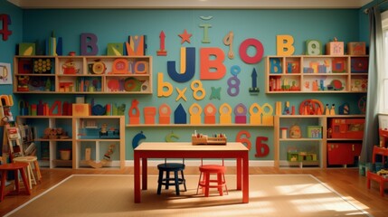  a child's playroom with a table, chairs, and bookshelves with letters and numbers on the wall.