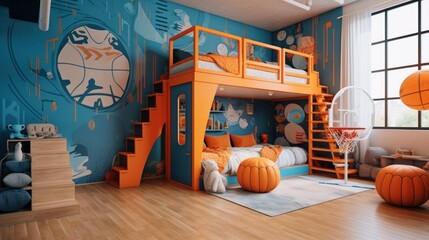  a child's bedroom with a bunk bed, basketball hoop, and a basketball hoop in the corner of the room. - obrazy, fototapety, plakaty