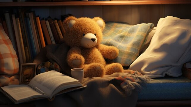  a brown teddy bear sitting on top of a bed next to a pile of books and a cup of coffee.
