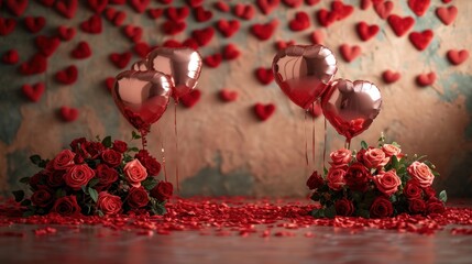 Valentine Ambiance with Roses and Heart Balloons, wallpaper concept.