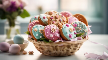 Fototapeta na wymiar a basket of decorated cookies sitting on a table next to a vase of flowers and a vase with pink and blue sprinkles.