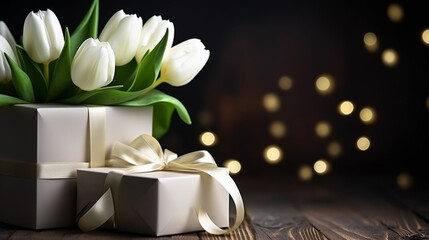 Happy birthday banner with bouquet of tulips and gift box on black background. 3d realistic style.