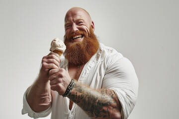 A chubby bodybuilder with massive arms, smiling with a ice cream, white background. - obrazy, fototapety, plakaty