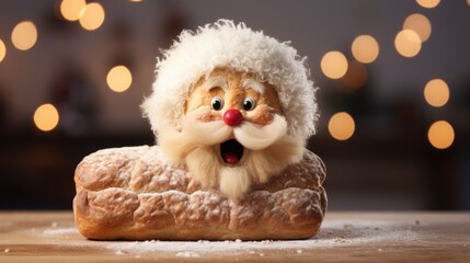  a close up of a doughnut with a santa clause hat on top of it and lights in the background. - obrazy, fototapety, plakaty
