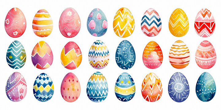 Set of Easter eggs with various ornaments on a white background. Spring holiday. Watercolor drawing for fabric, scrapbooking, wrapping paper, greeting card design template, illustration